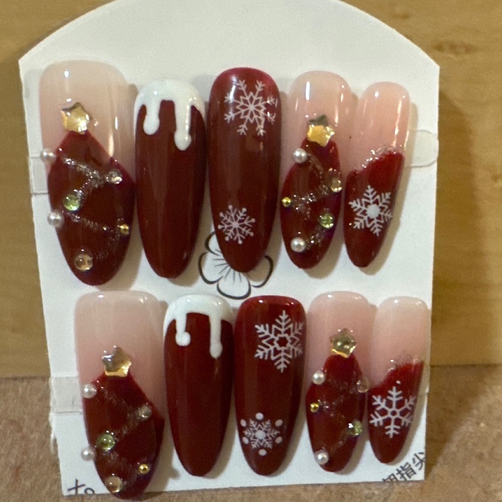 Christmas Press On Nails Red Almond Snowflake 3D Star Pearl Holiday Manicure Set